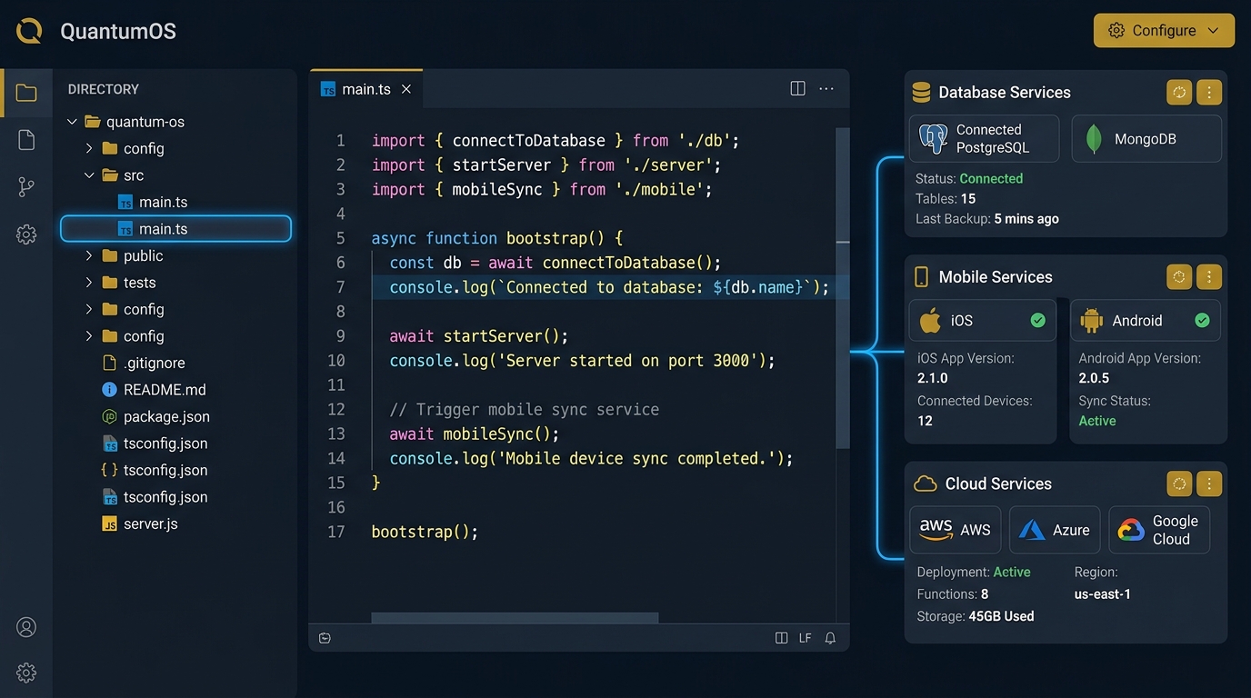 Pantalla de editor de código mostrando arquitectura de software, bases de datos PostgreSQL y despliegues en AWS y Google Cloud